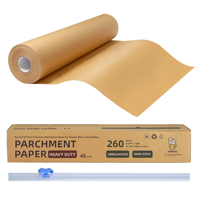 Unbleached Parchment Paper Roll for Baking, 15 in x 210 ft, 260 Sq.Ft Baking Paper with Slide Cutter, Heavy Duty & Non-stick, Brown Parchment Paper for Cooking, Air Fryer, Steaming, Bread, Cookies