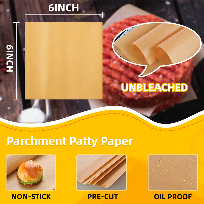 Unbleached Parchment Patty Paper, Heavy Duty 6x6 inches Burger Patty P