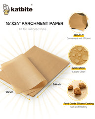 Katbite 100 Pcs Parchment Paper Sheets,16x24 Inches Non-Stick Precut Baking Parchment,Unbleached Parchment Paper for Baking, Cooking, Grilling, Frying and Steaming, Full Sheet Baking Pan Liners