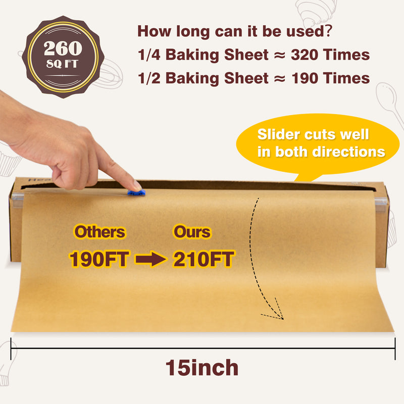Unbleached Parchment Paper Roll for Baking, 15 in x 210 ft, 260 Sq.Ft Baking Paper with Slide Cutter, Heavy Duty & Non-stick, Brown Parchment Paper for Cooking, Air Fryer, Steaming, Bread, Cookies