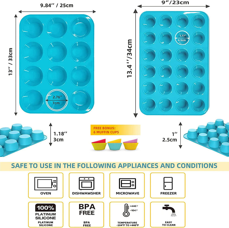 katbite Silicone Muffin Pan Set, Non-stick BPA Free Cupcake Pans 12&24 Cups, Food Grade Silicone Molds with 6 Silicone Baking Cups, Reusable Muffin Tin for Egg Muffin, Cupcake, Fat Bomb, Cheesecakes
