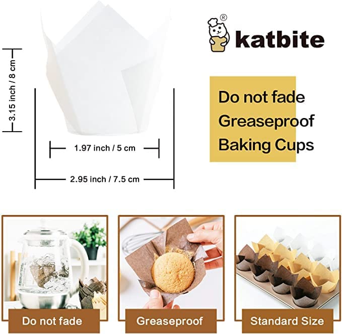 Katbite Tulip Cupcake Liners 200PCS, Muffin Baking Cupcake Liners Holders, Baking Cups, Cupcake Wrapper for Party, Wedding, Birthday(White)