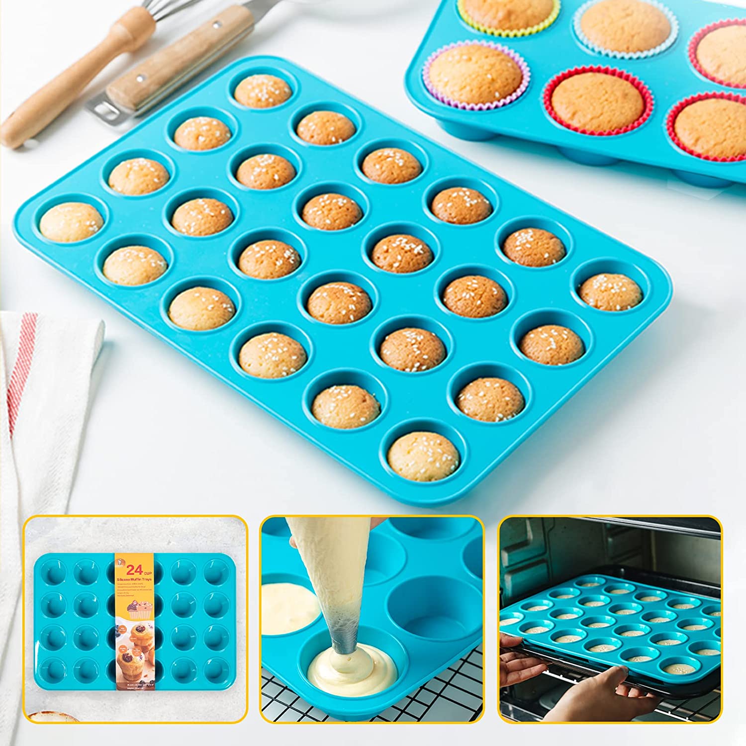 KPKitchen 24 Cup Silicone Muffin & Cupcake Baking Pan - Non Stick, BPA Free, 100% Silicone & Dishwasher Safe Mini Silicon Bakeware Tin - Blue
